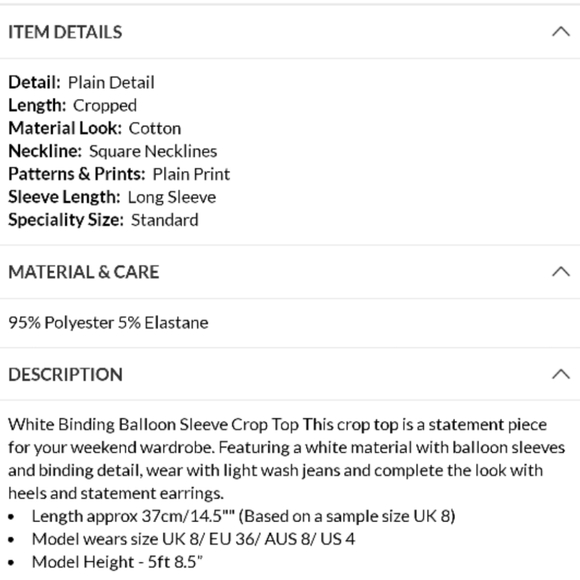 NWT PrettyLittleThing White Binding Balloon Sleeve Crop Top 🤍 Size 6 - Picture 4 of 15